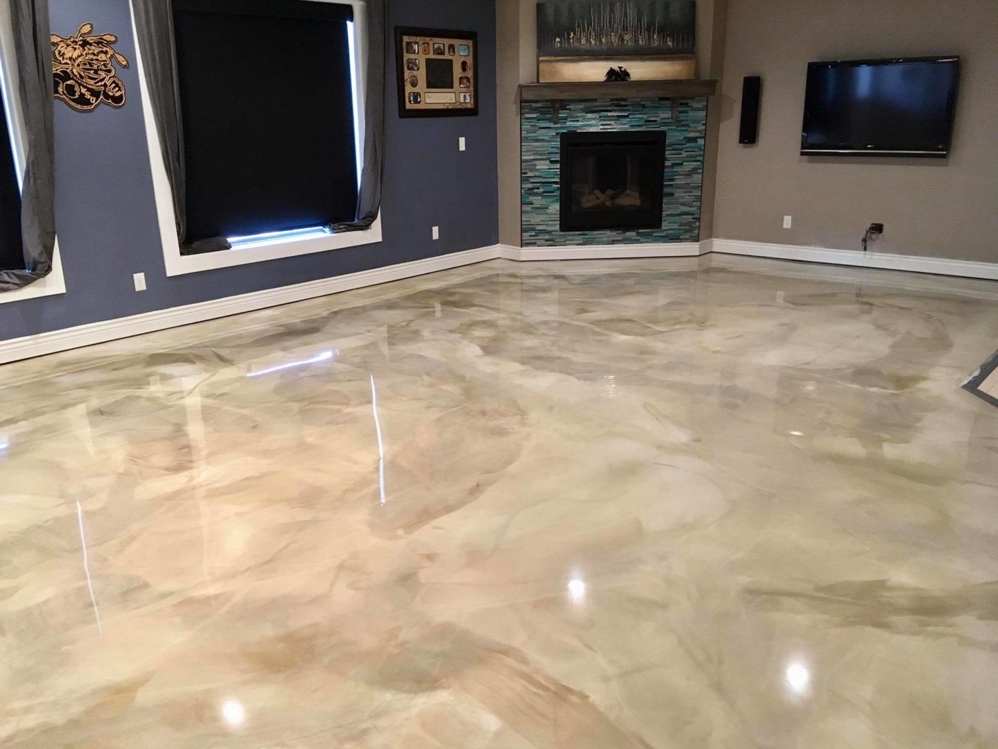 Finished metallic epoxy floor with deep color swirls by Tru Coat Epoxy